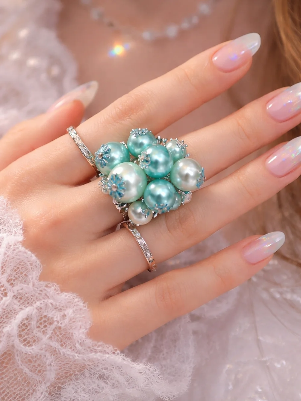 Blue Pearl Cluster Statement Ring Chunky Beaded Stretch Ring